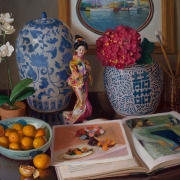 210916-oriental-pocelian-jar-japanese-doll-orchid-hydrangea-art-books-tangerines-30x24