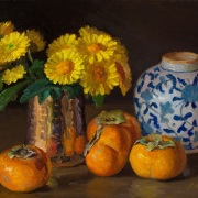 250110-persimmons-yellow-daisy-bule-white-ceramic-jar-12x9