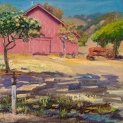 250921-fruit-tree-in-front-of-a-red-barn-landscape-12x12